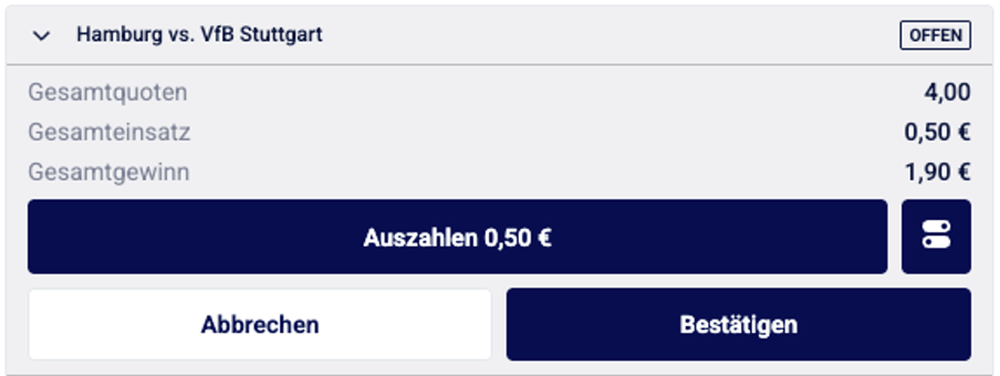 Screenshot der Cash-Out Funktion